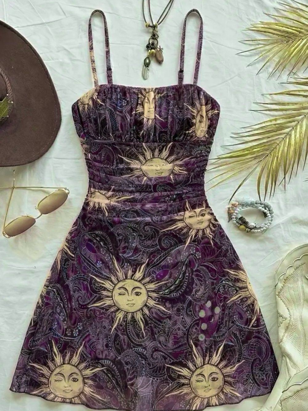 Boho Whimsical Milk Made Celestial Jewel Toned Lined Mini Dress w/ Cinched Waist